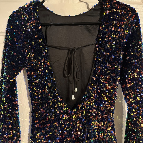 Blue Multi Color Sequin Long Sleeve Dress - Picture 6 of 7